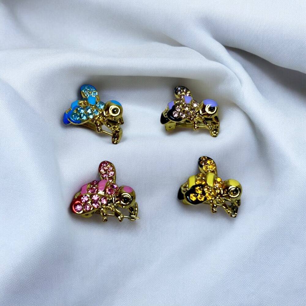 4 VTG Enamel Bee Pins Rhinestone Accessories Gold Toned Bumblebees Jewelry Lot